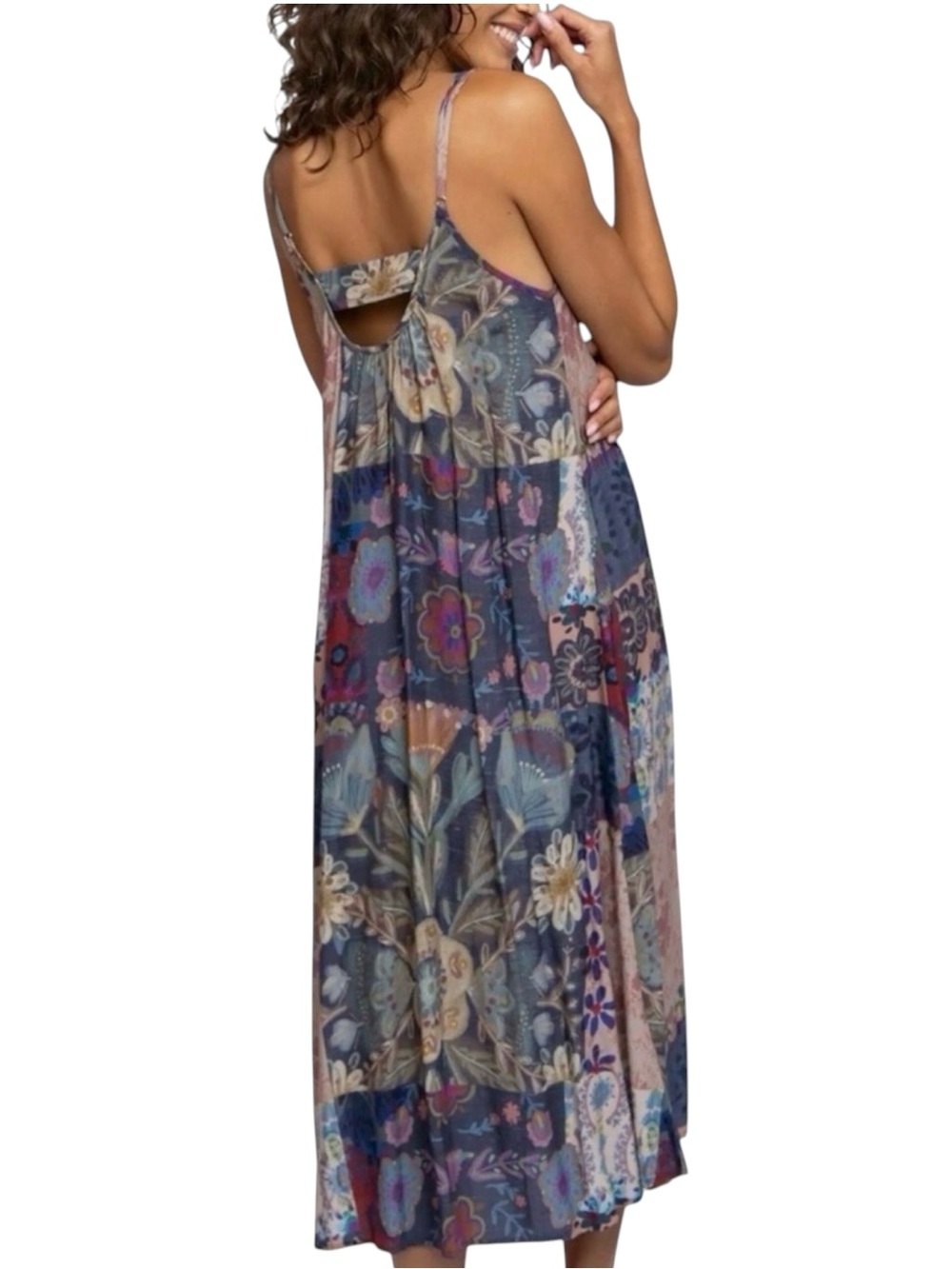 Natural Life Lizzie Midi Dress Blue Patchwork Boho Floral Medium NWT - Picture 2 of 9